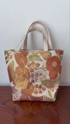 帯バッグ　花柄トートバッグ 小型 オレンジ系