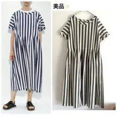 美品✨トリココムデギャルソン ストライプワンピース プリーツ フレア カーキ