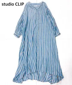 【春夏に◎美品】スタディオクリップ　ストライプ柄7分袖シャツワンピース　薄手