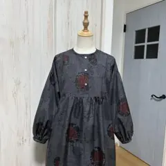 着物リメイク 大島紬から前ボタンのヨーク切り替えAラインワンピース(M~L)