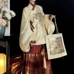 雲中鶴織錦補子 白金色トートバッグ　明製漢服　中国伝統衣装　着物和服　西陣織