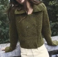 美品　ZARA ニットラップカーディガン ダブルボタン ニット グリーン　S