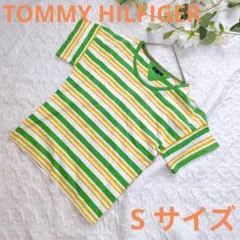 【TOMMY HILFIGER】 グリーンイエローストライプ Tシャツ Sサイズ