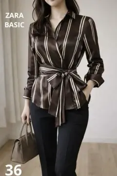 ZARA ストライプサテンブラウス M 茶