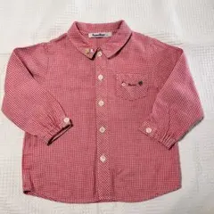 【美品】familiar90サイズ赤ギンガムチェック長袖シャツ厚手 刺繍くまさん