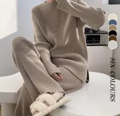 韓国風レディース服 カジュアル ニット 純色 上下セットアップ 冬ファッション