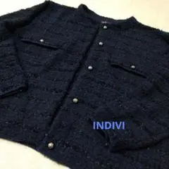 ◆美品◆INDIVI ツイードMIXクルーカーディガン ネイビー 38 銀ボタン