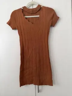 オレンジブラウン　リブ編み半袖ドレス
