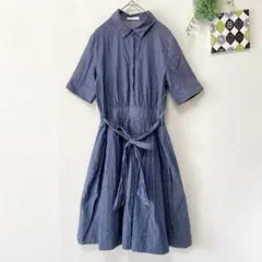 【アクアガール】 デニム風シャツワンピース M 半袖 ひざ丈 ナチュラルのサムネイル