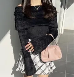 オフショルダー長袖ニット 黒