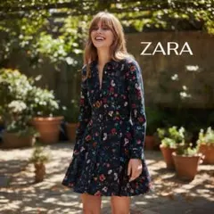 ZARA 花柄ワンピース 長袖 フレア ミニ丈 ウエスト切替 黒 M 美品