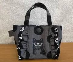 【33】ハンドメイド　フリルバッグ型　ポーチ　エチノ　メガネ　猫