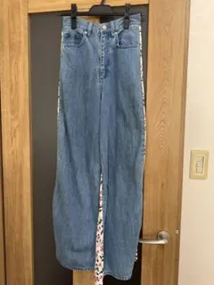 CLANEデニム フラワープリントコンビパンツ