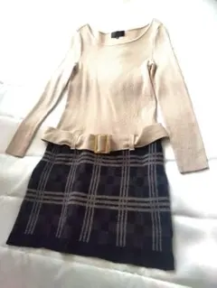 UNTITLED ベージュとブラックのチェック柄ローウエストワンピース サイズ2