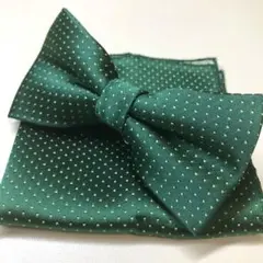 蝶ネクタイ・ポケットチーフ 緑 白 ドット 挙式 新郎 無地 人気 Cv