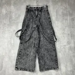 凵　クシル　ルーズシルエット　ダブルサスペンダー　ワイド　デニムパンツ　黒グレー