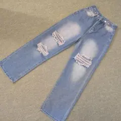 デニム　ライトブルー　ダメージ　ストレート　パンツ　ジーンズ