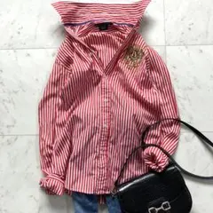 美品 ラルフローレン 長袖シャツ ロゴ刺繍 赤 ストライプ コットンのサムネイル