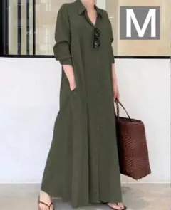 新品　ロング　シャツ　ワンピース　カーキ　M グリーン　韓国　マタニティ