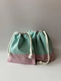 p*☘様 お弁当袋　コップ袋　パステル　チェック　ピンク　グリーン