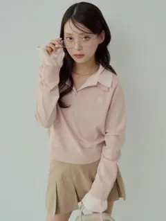 Chico 刺繍入り襟付きポロニット ピンク