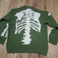 新品ボーンニット骨格模様 スカルセーター オリーブグリーンダメージ加工