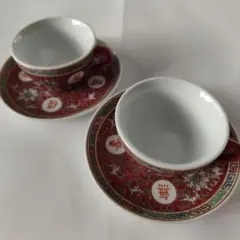 景德鎮70年代輸出產品。萬壽無疆。カップ2個ソーサー2枚豆皿2個合計6点