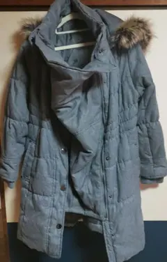 グレー ファー付きコート 膝丈　ママコート　M-L　中綿ジャケット　アウター