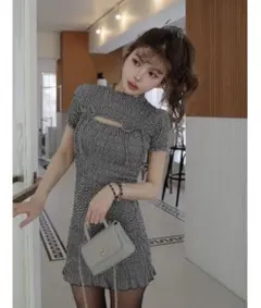 リボンシャーリングギンガムミニワンピース