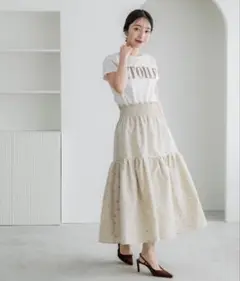 coca ドット柄フロッキーティアードスカート　long