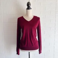 ユニクロ【L】ウール100% 薄手 ゆったり レイヤード 赤系／Vネックニット
