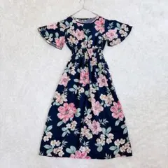 n.o.t. 花柄ロングワンピース マキシ丈 ネイビー M フレア 半袖
