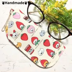 メガネケース ❦苺頭巾のネコ❦ナチュラル❦苺スイーツ柄❦