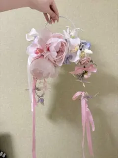 リボンフープ　アーティフィシャルフラワーウェディングブーケ 胡蝶蘭　ピンク　芍薬