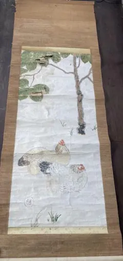 鶏と花の日本画掛軸　　0121o78 鶏と花の日本画掛軸 0121o78 - メルカリ