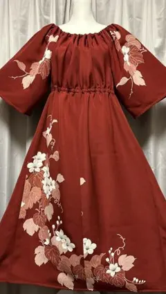 着物リメイク　Ａラインロングワンピース（正絹）リボンベルト付き