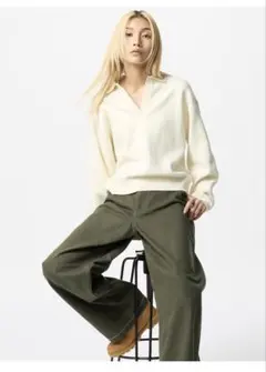 ユニクロ　スムースコットンリラックスポロセーター　S オフホワイト