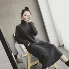 【M】ニットワンピース 厚手 韓国 ス ロングワンピース 長袖 大人女子