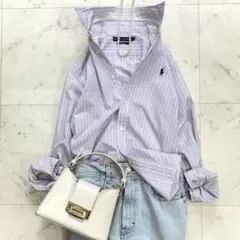 美品 ラルフローレン ストライプシャツ ホースロゴ刺繍 春色