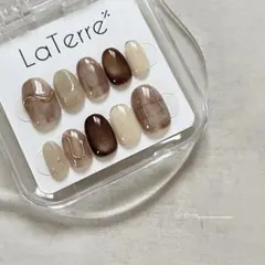 【現品発送M】ニュアンス　ネイルチップ　ブラウン　ドット　チェック　カフェラテ