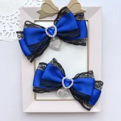 【推し活】ブルー 青色 黒レース ハートビジュー付き ヘアクリップ 2個セット