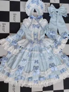 水色 ゴスロリドレス 長袖 ロリータドレス　JSK+ボンネット＋リンボ3点セット