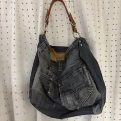 デニムショルダーバッグ ブラウンレザー