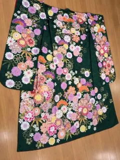 振袖 二尺袖 身丈156 セミアンティーク 菊花 椿 桜 水仙 着物 062b