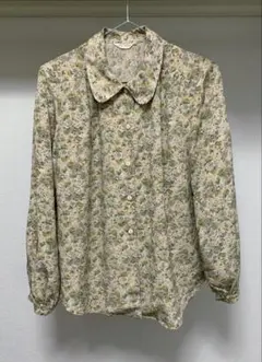 花柄の長袖ポリシャツ 80s 90s 総柄 古着 昭和レトロ 当時物 丸襟