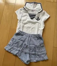 ミキハウス　セーラー襟トップス、マリンキュロット　セットアップ