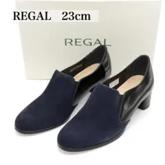 23　REGAL　リーガル　シューティー　パンプス　紺/黒　羊革 x 牛革
