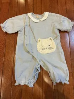 petit main 水色ロンパース 猫ポケット付き