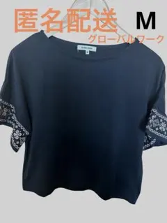 刺繍入り袖の黒　半袖　Tシャツ　グローバルワーク　M