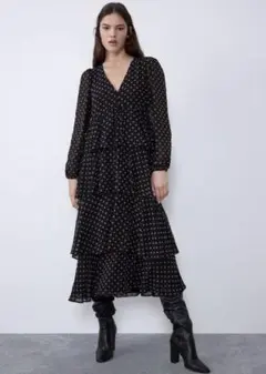 新品☆ZARA ザラ ドット柄フリルワンピース ブラック S